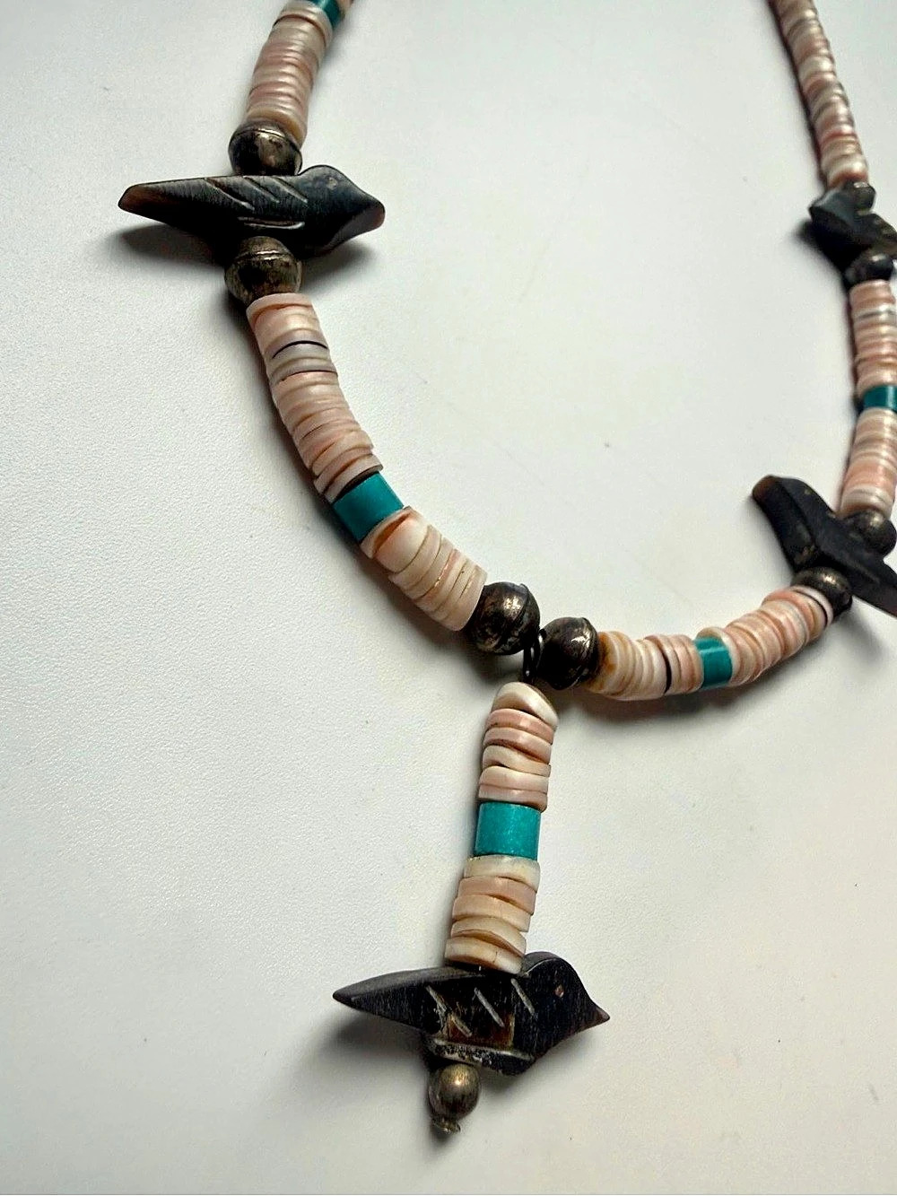 16” Vintage Black Jet Bird Fetish Necklace Shell Heishi Sterling Silver - Picture 5 of 8